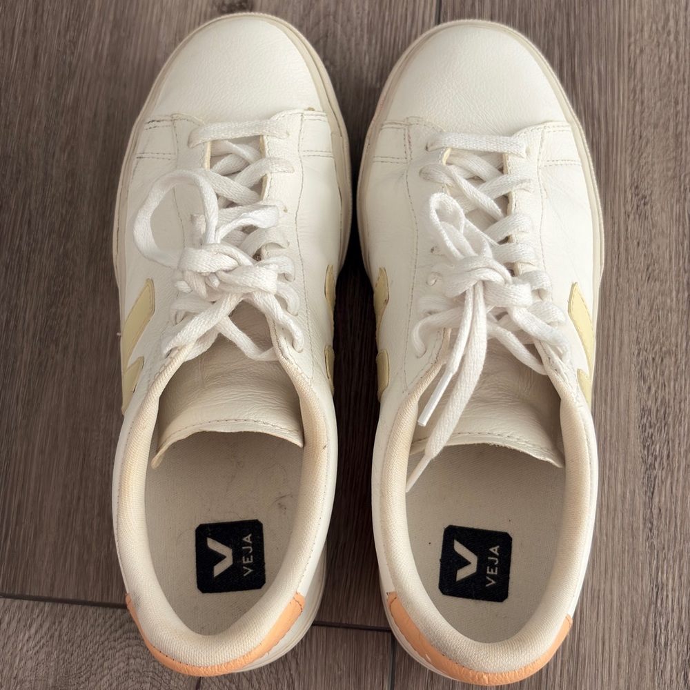 Veja Women's White Sneakers with Yellow V Logo and Peach Heel Tab - Picture 7 of 10